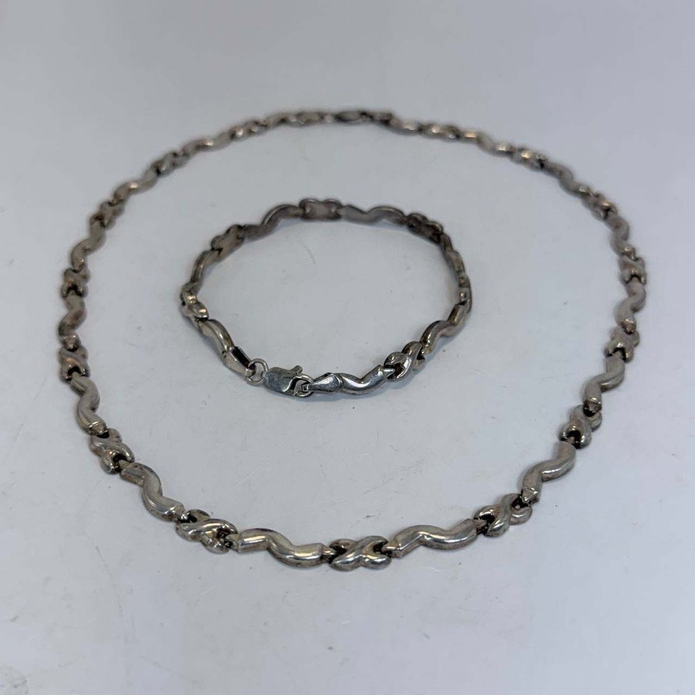 Sterling Silver 925 Wavy S-Link X-Link Necklace and Bracelet Set 19.18g